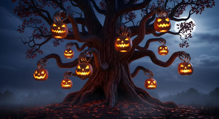 Creepy tree adorned with glowing pumpkins halloween night creating spooky atmosphere. Branches intertwine clutching hands. Moonlight illuminates scene. Fallen leaves ground. Dark mystical imagery.の素材