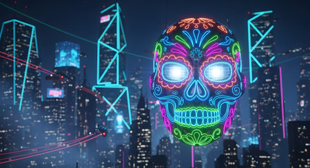 Vibrant cyberpunk art installation depicting sugar skull in neon light. Dark cityscape backdrop featuring futuristic elements with colorful lighting display at night time.の素材
