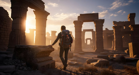 Adventurous traveler explores ancient ruins with backpack at sunset Backpacker discovers historical wonder in desert Dusty exploration reveals old archeological site. Discovery adventure with backpack AI Generative AI generatedの素材