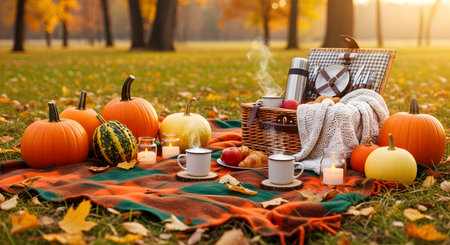 Fall picnic setup with pumpkins warm blanket and basket autumn foliage cozy setting. Forest park background with hot drink and candles autumn scene autumn mood. AI Generative AI generatedの素材