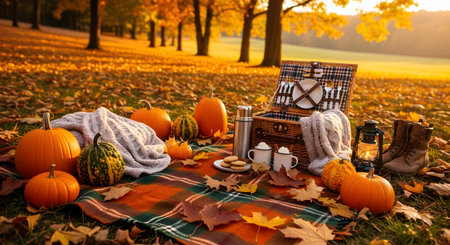 Features cozy autumn picnic setup with pumpkins, blanket and picnic basket in fall foliage scenery. Perfect for seasonal activity and relaxation. Scenic and idyllic outdoor arrangement in vibrant colors. AI Generative AI generatedの素材