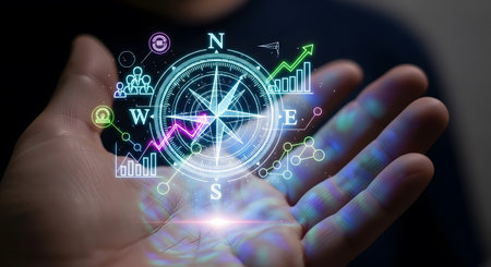 Business compass guiding growth and strategy. Direction financial compass navigation system depicting development with chart graphs for strategic planning. Success orientation to achieve objectives with accurate orientation. AI Generative AI generatedの素材