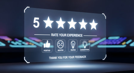 Customer experience feedback interface shows a five-star rating. Survey options invite users to provide online reviews. Positive and negative feedback options. This image encapsulates customer satisfaction and digital reputation. Your opinion matters! AI Generative AI generatedの素材