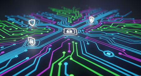 Cybersecurity lock on digital shield circuit board. Technology connection with secure network. Futuristic security concept protecting digital information. AI Generative AI generatedの素材
