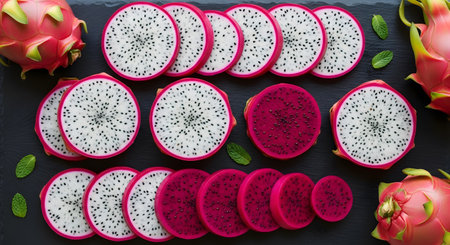 Arrangement of vibrant dragon fruit slices Flat lay food styling against a dark backdrop. The shot highlights exotic fruit deliciousness with fresh mint sprigs. Showcase the colorful and delicious fruit. AI Generative AI generatedの素材