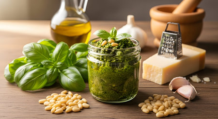 Fresh pesto sauce in jar with ingredients displayed on wooden table emphasizing authentic Italian cuisine and flavorful herbs. Perfect condiment for pasta and sandwiches with pine nuts and cheese. AI Generative AI generatedの素材