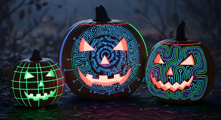 Halloween pumpkins glowing with simulated circuit designs. Celebration of autumn holidays with digitally enhanced gourds. Futuristic jack-o'-lantern with embedded lighting patterns. AI Generative AI generatedの素材