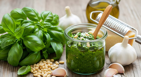 Fresh homemade pesto sauce featuring basil garlic pine nuts and olive oil for Italian food and cooking. This includes ingredients and culinary. AI Generative AI generatedの素材