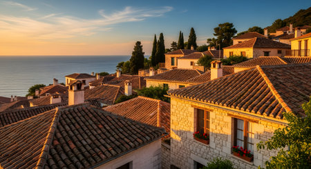 Picturesque coastal village houses with red tiled roofs during sunset offer seascape vacation landmark scenery. Mediterranean architecture with sea view and sky background. AI Generative AI generatedの素材