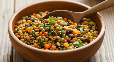 Multi-colored lentil soup delight with colorful legumes offering delicious food and a culinary photography featuring wholesome grains in a bowl. Nutritious soup full of lentil goodness. AI Generative AI generatedの素材