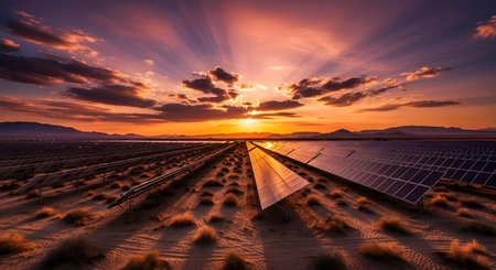 Renewable energy from solar panel, scenic sunset sky technology for solar power plant, green solutions, clean source of sustainable future, golden hour in distant horizon. AI Generative AI generatedの素材