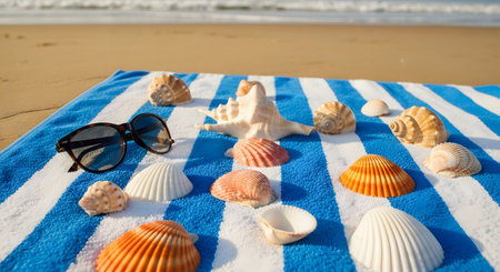 Collection of seashells arranged on striped towel at beach. Sunglasses next to shells. Sunny coastal scenery with sandy beach and ocean waves. Represents summer, vacation. AI Generative AI generatedの素材