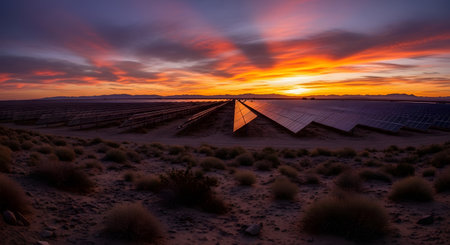 Capture solar farm sunset landscape showcasing renewable energy. Witness sunrise over solar panels horizon during power generation, providing energy sustainability in environmental technology during tranquil desert dusk. AI Generative AI generatedの素材