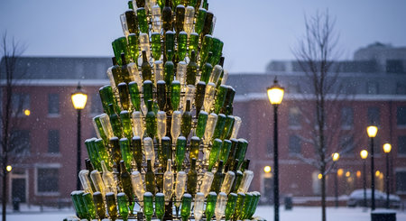 Upcycled bottle tree in winter landscape featuring green and white bottles. Holiday celebration in cityscape with lights. Recycling theme with urban design featuring new year background. AI Generative AI generatedの素材