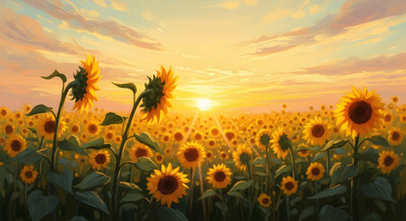 Vibrant golden hues capture a sunflower field at sunset with a glowing horizon. Perfect for backgrounds, wall decor, and bringing the warmth of summer to any project. AI Generative AI generatedの素材