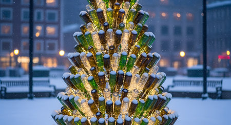 Recycled bottles crafted christmas tree holiday scene cityscape snowfall lights festive display urban background. Unique holiday decor outdoors building exterior winter design. AI Generative AI generatedの素材