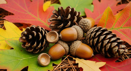 Showcasing autumn composition pine cones and acorns displaying seasonal beauty on colorful fall leaves. Capture natural textures seasonal colors. Discover forest elements woodland themes. Enjoy autumn ambiance rustic charm. AI Generative AI generatedの素材