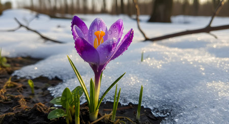 Purple crocus blooming in snow during springtime shows weather change. Sunlight reflects on petals in early springtime. Delicate petals show a flower blooming in sunlight. AI Generative AI generatedの素材