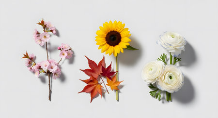 Displaying elegant floral arrangement showcasing spring cherry blossoms. Captivating sunflower, maple leaves, ranunculus on white background. Discover botanical composition. Enjoy floral beauty artistic arrangement. Savor freshness. AI Generative AI generatedの素材