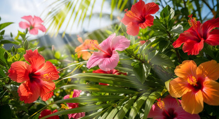Hibiscus flowers blooming in lush tropical garden landscape Colorful hibiscus flowers featuring exotic flora Beautiful blossom amidst greenery in a bright sunlit environment AI Generative AI generatedの素材