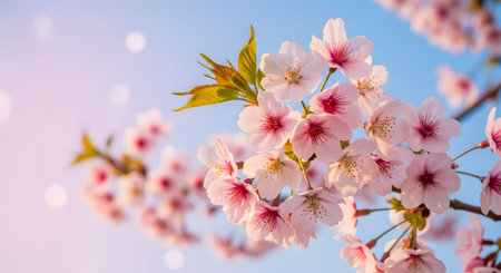 Delicate cherry blossoms bloom against blue sky. Springtime blooms showcase floral beauty seasonal ambiance. Blossoming tree cherry blossom branch spring backdrop nature beauty tranquility. AI Generative AI generatedの素材