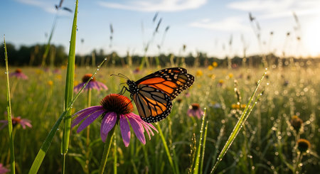 Summer meadow showcases monarch butterfly on purple coneflower. Soft morning light illuminates the scene. Wildflower meadow is covered with dewdrops. Sunrise scene. Nature at its best. A vibrant natural scene. AI Generative AI generatedの素材