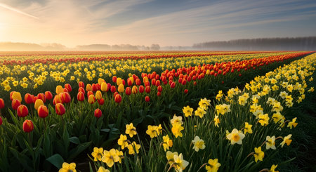 Vibrant tulip fields bursting with color in springtime blooming. Netherlands floral splendor showcases row upon row flowers, capturing essence spring tulip season field colorful landscape nature. AI Generative AI generatedの素材