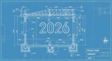 Architectural plan illustrates year 2026 as blueprint design. Depicts layout and dimensions in technical drawing style. Visualizes building preparation. AI Generative AI generatedの素材