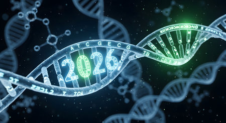 Year 2026 data inside DNA molecule helix. Scientific molecular structure illustration. Genetic information and medical research concept background. Biological technology advancement. AI Generative AI generatedの素材