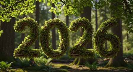 Nature 2026 with fresh leaves concept. Symbolizing new year with ecology sustainability outdoors. Springtime renewal, environment, natural growth shape background. AI Generative AI generatedの素材