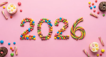 Sweet candy arranged to form year 2026 on pink surface. Sweets theme, dessert food and sugar concept. Lollipop candies arranged into numbers. Fun celebration. AI Generative AI generatedの素材