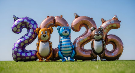 Teddy bear balloon number 2026 on green grass under blue sky. Decorative scene with celebration design concept and toy collection for graphic. AI Generative AI generatedの素材