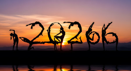 Silhouette of gymnasts forming 2026 shape against vibrant sunset. Creative display of flexibility strength teamwork performance artistic sky AI Generative AI generatedの素材
