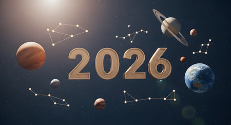 Year 2026 displayed in cosmic setting with planets constellations. Forecast horoscope astrology concept with Earth Saturn Mars planets space exploration future. AI Generative AI generatedの素材