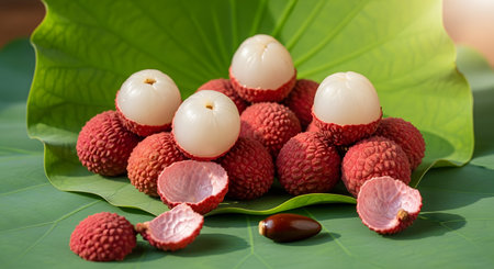 Fresh lychee fruit pile on green leaf close up. Tropical fruit, exotic food concept. Red lychees with white flesh and seed ingredient arrangement. AI Generative AI generatedの素材