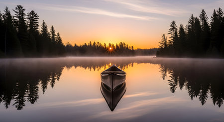Canoe on calm lake during sunrise. Beautiful scenic landscape with fog, mist, and tranquil water. Nature landscape in morning light. Outdoor adventure and recreation. AI Generative AI generatedの素材