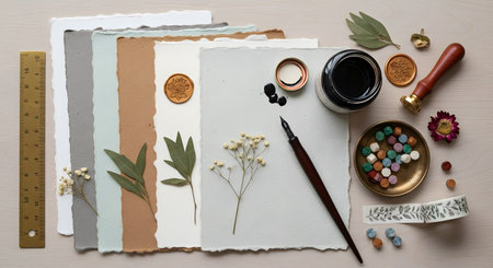 Craft stationery set with ink on wooden table featuring handmade paper, ink, wax seal, and decoration. Artistic composition for calligraphers. AI Generative AI generatedの素材