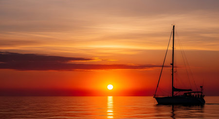 Picturesque sailboat sailing on calm waters during sunset. Featuring scenic orange sky reflected on peaceful ocean. Maritime vessel gliding serenely during dusk. AI Generative AI generatedの素材