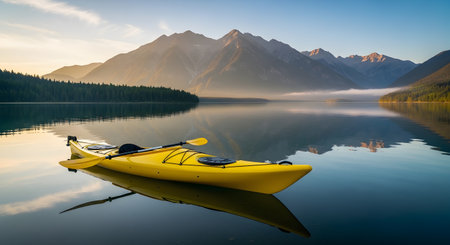 Yellow kayak floating on calm lake water. Serene nature scene of outdoor recreation. Mountain and forest background. Water reflection in clear lake. AI Generative AI generatedの素材