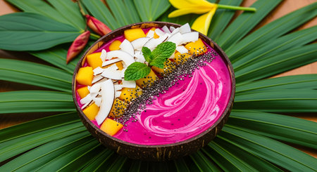 Vibrant tropical fruit smoothie bowl with dragon fruit mango coconut flakes. Delicious and colorful plant based dish on green leaves background. AI Generative AI generatedの素材