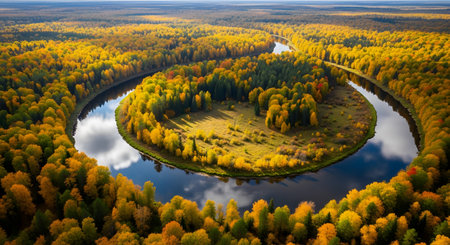 Aerial view showcases autumnal river bend surrounded by trees, foliage, water reflection. Explore seasonal colors, nature beauty, landscape photography from above. AI Generative AI generatedの素材