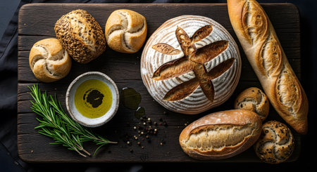 Assorted bread loaves and rustic bakery arrangement. Olive oil and rosemary with artisan cuisine. Gourmet and culinary still life presentation. AI Generative AI generatedの素材