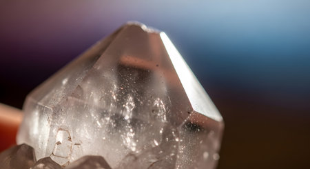 Detailed close-up of quartz crystal point showing clarity and facets. Colored gradient background. Focus on crystal texture. AI Generative AI generatedの素材