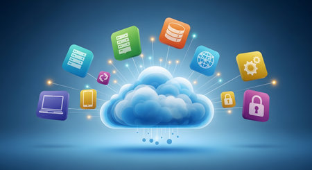 Conceptual illustration of cloud computing with assorted app interface icons including database, network, laptop, phone, and security symbols. AI Generative AI generatedの素材