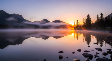 Captivating sunrise reflects in still lake with foggy mountains and silhouette trees. Nature background showcasing serene landscape. Foggy water surface. AI Generative AI generatedの素材