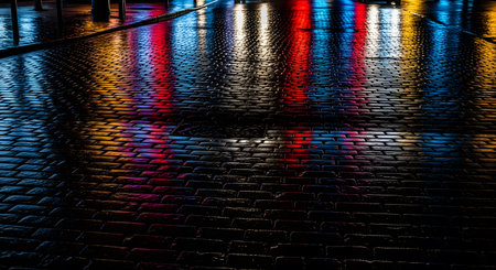 Abstract night pavement reflection with street light colors reflecting on wet brick ground. Texture shows street surface at night. Dark scenery. AI Generative AI generatedの素材