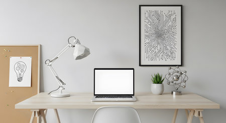 Contemporary workspace featuring laptop, lamp, art piece and succulent plant. Showcasing clean design, minimal decor, desk accessories, and home office environment. AI Generative AI generatedの素材