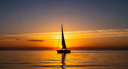Sailboat sailing at sunset with reflecting sunlight on sea. Beautiful scenic marine journey escape in open water. Tranquil nautical scene. AI Generative AI generatedの素材