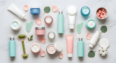 Arrangement of various beauty products and cosmetics on a white marble surface. Skincare tubes, creams and accessories on a flat lay table. AI Generative AI generatedの素材