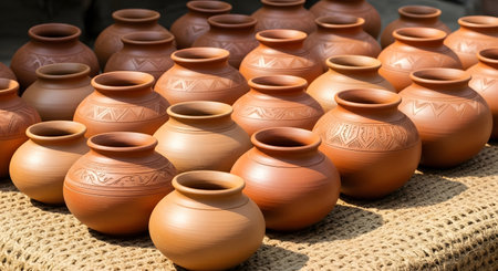 Explore terracotta pottery stack. Capture clay pots composition with ceramic texture for rustic decor and market sales. Uncover handicraft for design projects and traditional crafts. AI Generative AI generatedの素材
